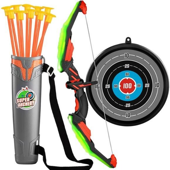 Kids Bow and Arrow Set - LED Light Up Archery Toy Set with 10 Suction Cup Arrows